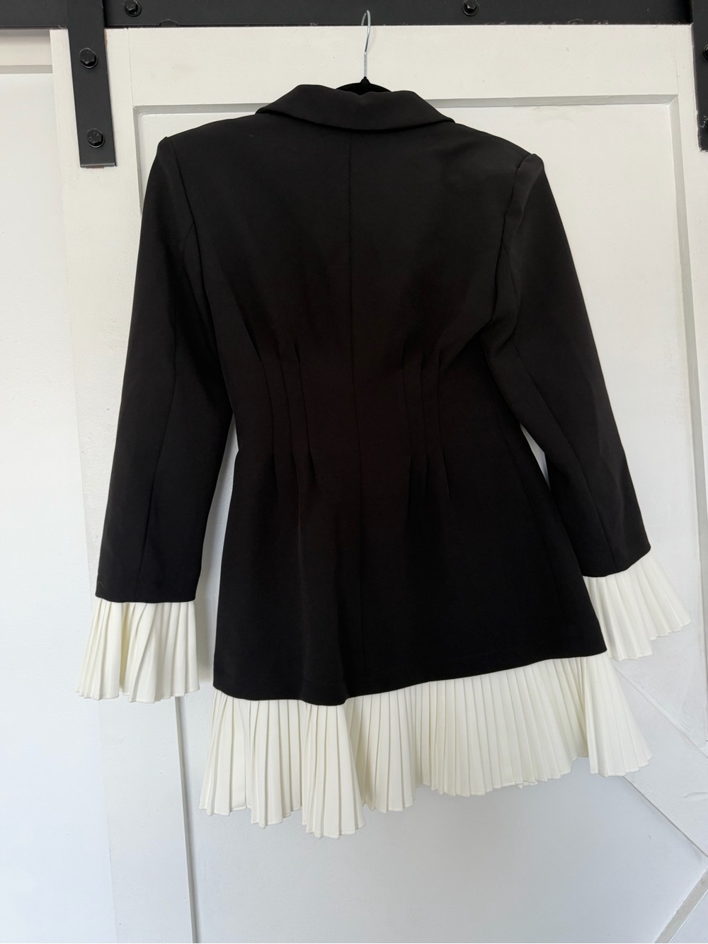 Commense Black Jacket with White Pleated Hem & Cuff Accents